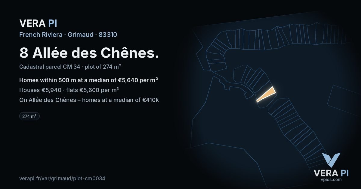 8 Allée des Chênes, Grimaud at night – the plot lit, the parcels around coloured by the prices near them