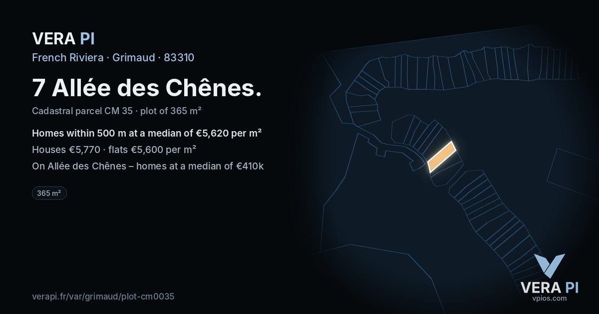 7 Allée des Chênes, Grimaud at night – the plot lit, the parcels around coloured by the prices near them
