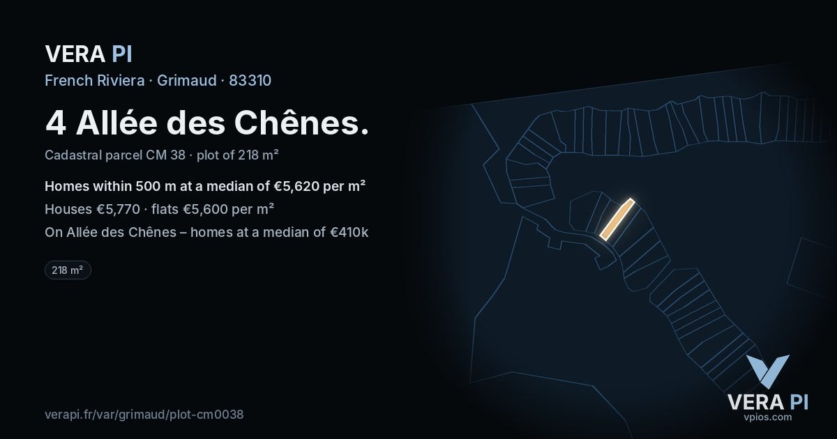 4 Allée des Chênes, Grimaud at night – the plot lit, the parcels around coloured by the prices near them