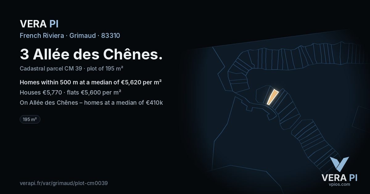 3 Allée des Chênes, Grimaud at night – the plot lit, the parcels around coloured by the prices near them