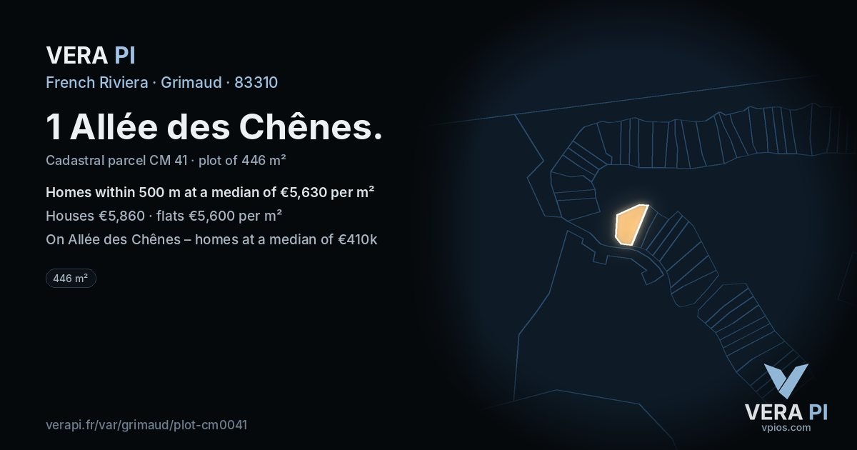 1 Allée des Chênes, Grimaud at night – the plot lit, the parcels around coloured by the prices near them