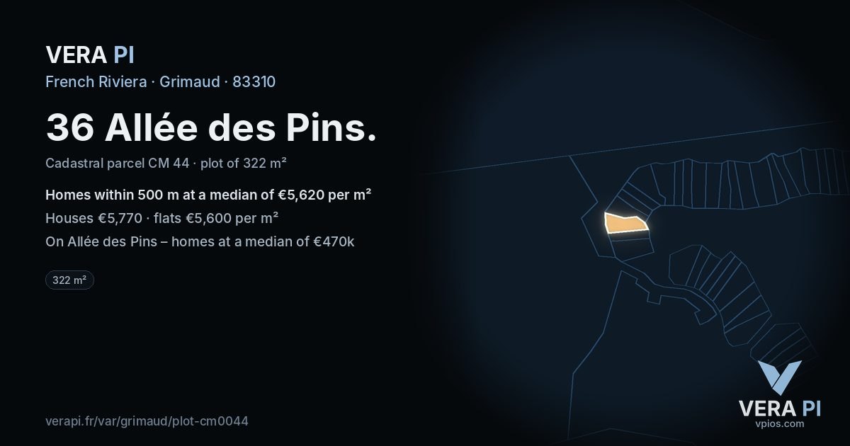 36 Allée des Pins, Grimaud at night – the plot lit, the parcels around coloured by the prices near them