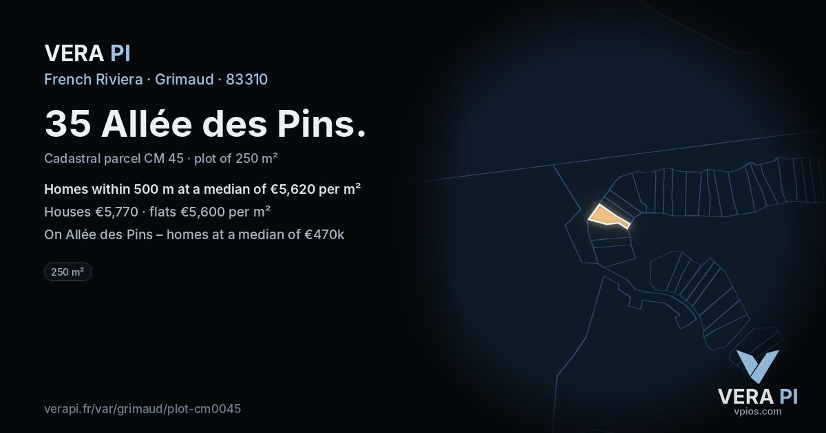 35 Allée des Pins, Grimaud at night – the plot lit, the parcels around coloured by the prices near them