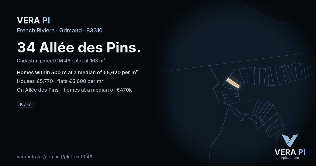 34 Allée des Pins, Grimaud at night – the plot lit, the parcels around coloured by the prices near them