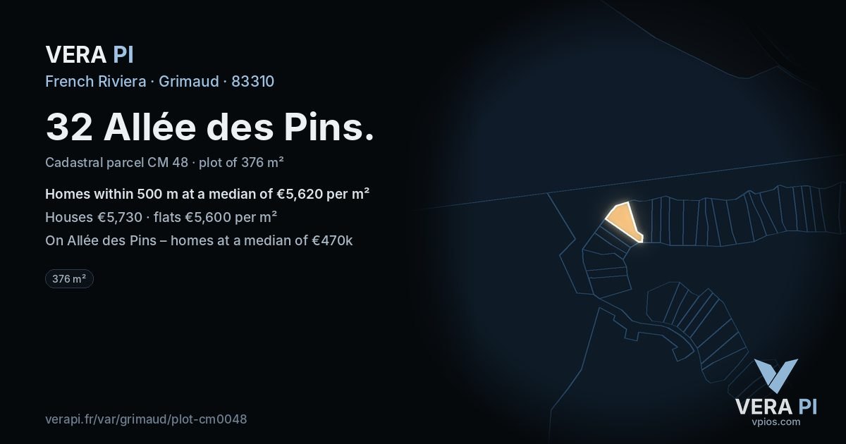 32 Allée des Pins, Grimaud at night – the plot lit, the parcels around coloured by the prices near them