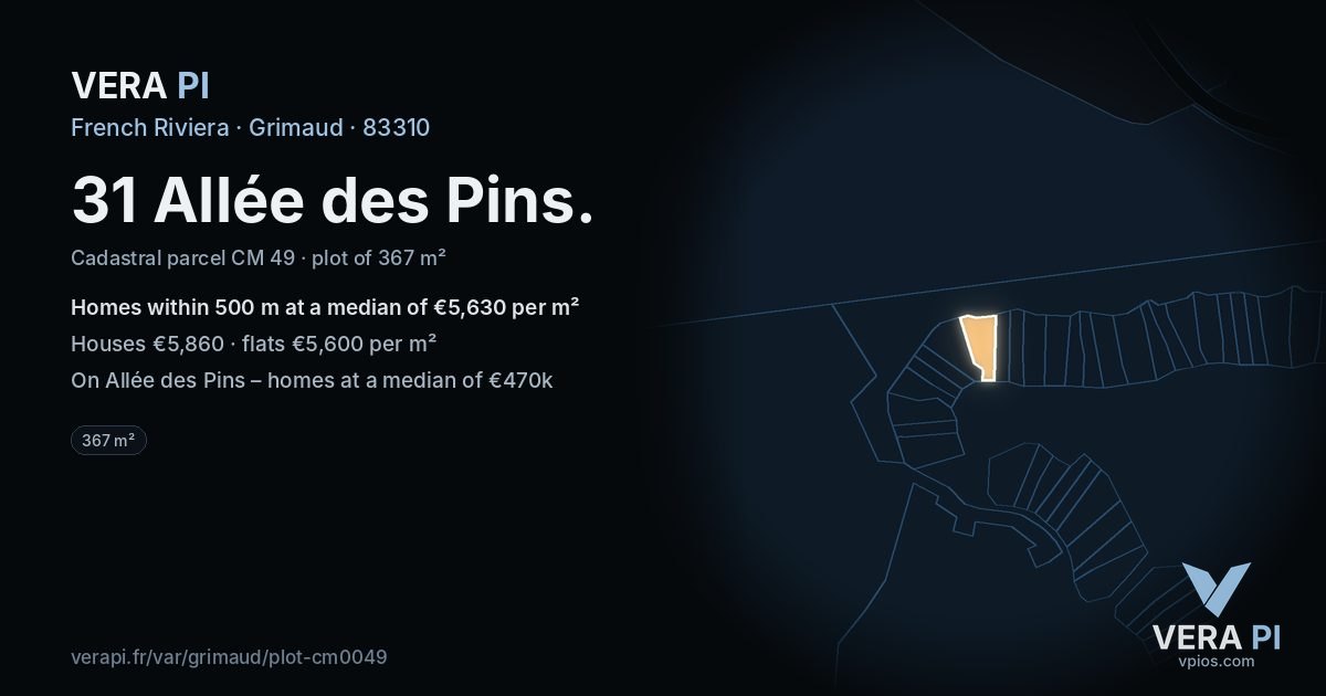 31 Allée des Pins, Grimaud at night – the plot lit, the parcels around coloured by the prices near them