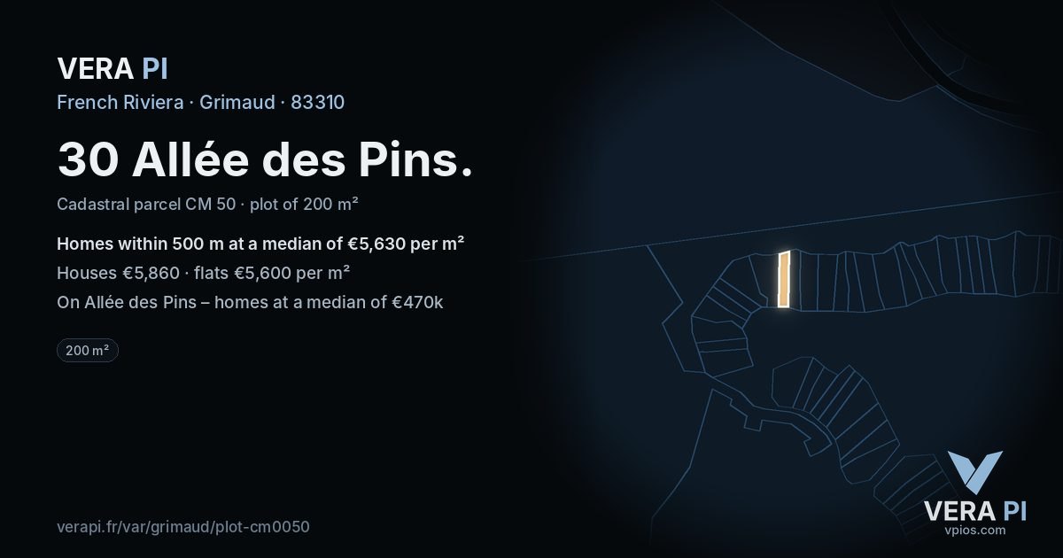 30 Allée des Pins, Grimaud at night – the plot lit, the parcels around coloured by the prices near them