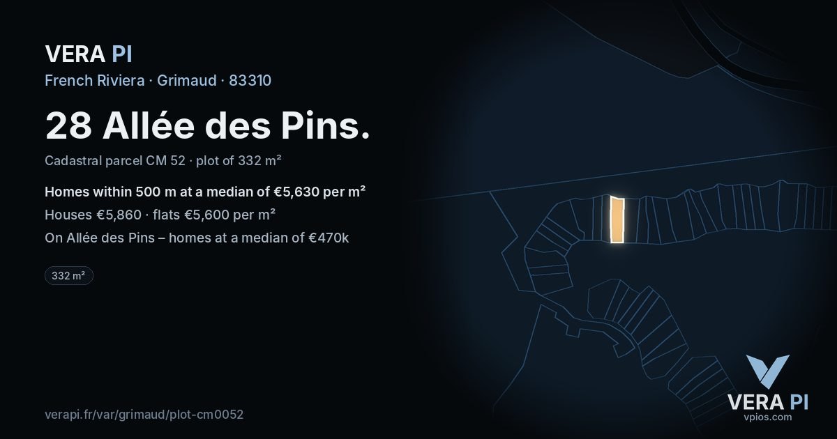28 Allée des Pins, Grimaud at night – the plot lit, the parcels around coloured by the prices near them