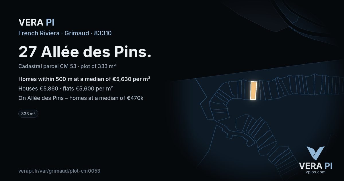 27 Allée des Pins, Grimaud at night – the plot lit, the parcels around coloured by the prices near them