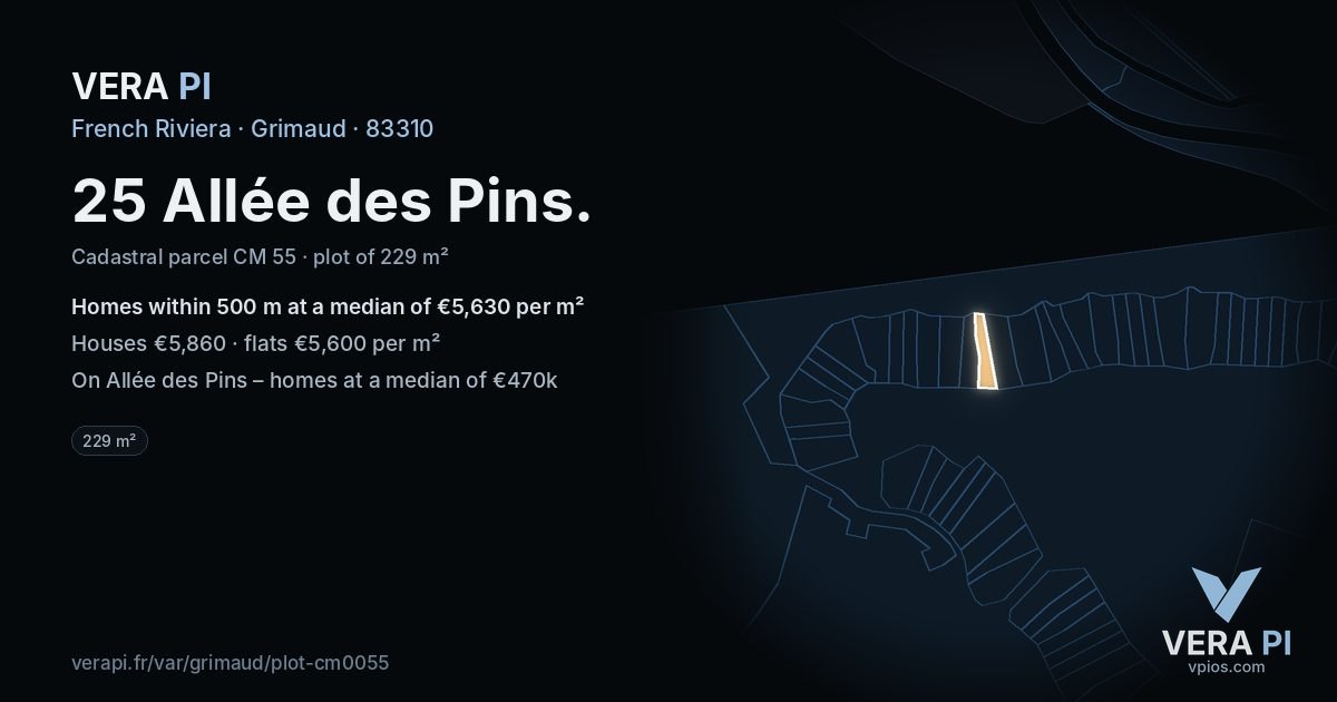 25 Allée des Pins, Grimaud at night – the plot lit, the parcels around coloured by the prices near them