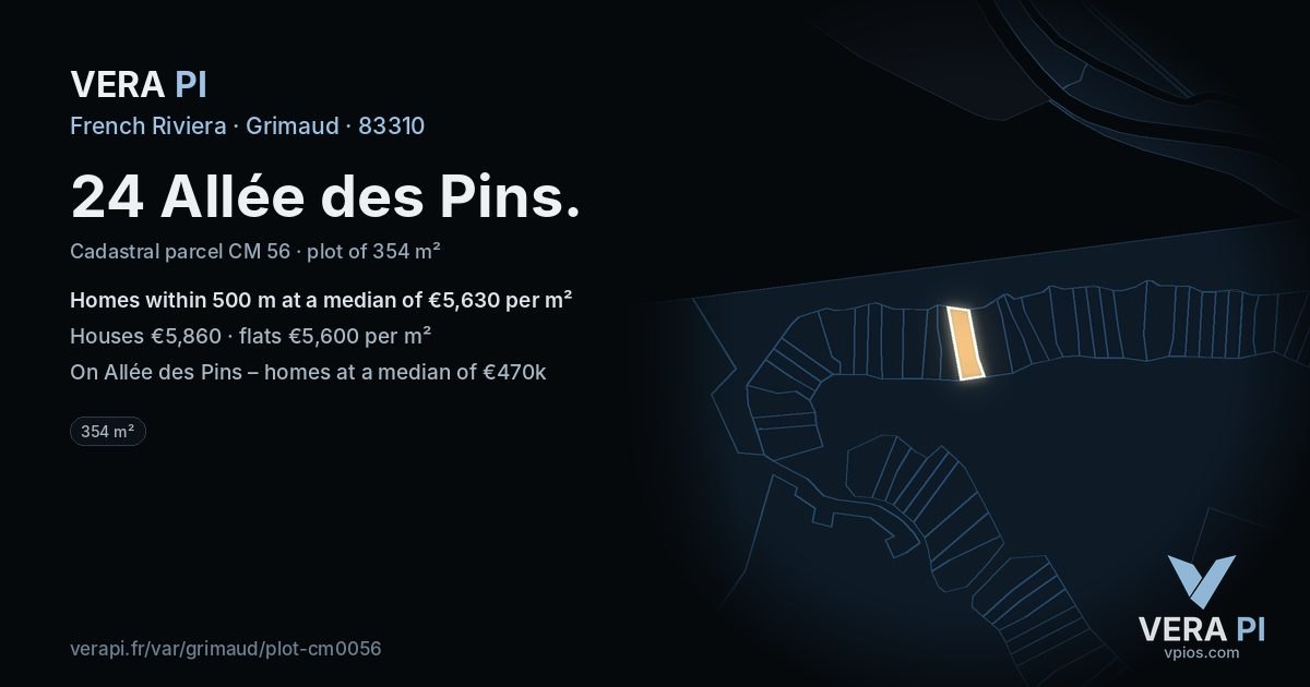 24 Allée des Pins, Grimaud at night – the plot lit, the parcels around coloured by the prices near them