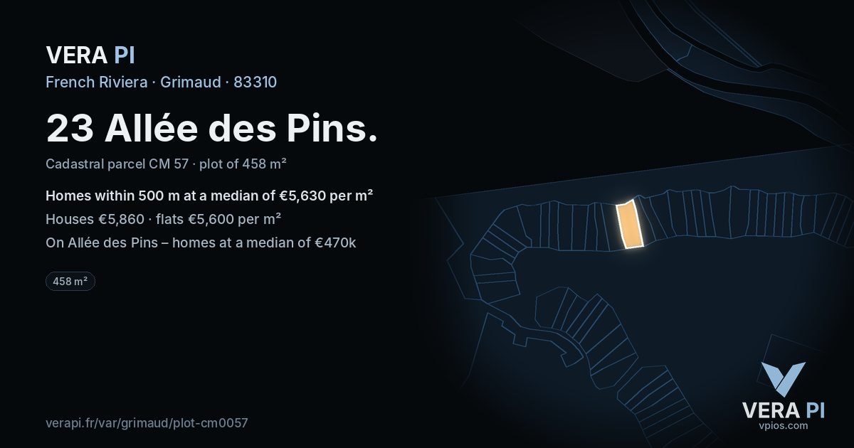23 Allée des Pins, Grimaud at night – the plot lit, the parcels around coloured by the prices near them