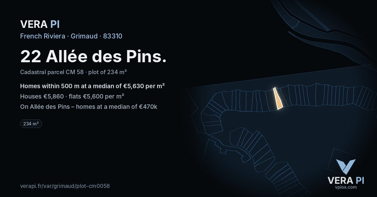 22 Allée des Pins, Grimaud at night – the plot lit, the parcels around coloured by the prices near them