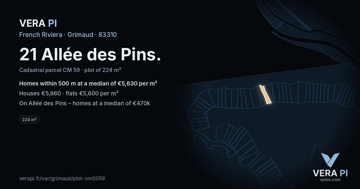 21 Allée des Pins, Grimaud at night – the plot lit, the parcels around coloured by the prices near them