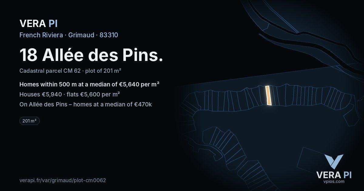 18 Allée des Pins, Grimaud at night – the plot lit, the parcels around coloured by the prices near them