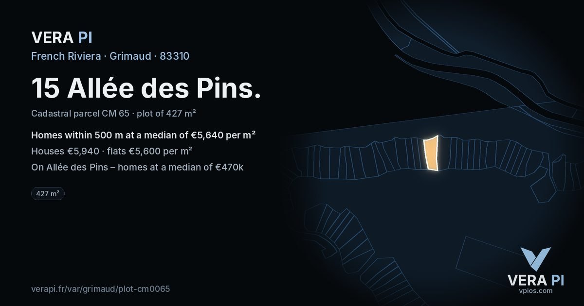 15 Allée des Pins, Grimaud at night – the plot lit, the parcels around coloured by the prices near them