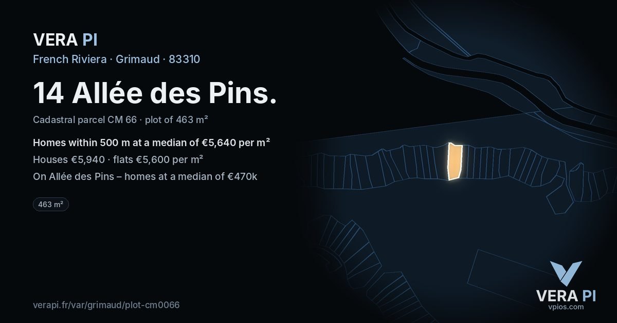 14 Allée des Pins, Grimaud at night – the plot lit, the parcels around coloured by the prices near them