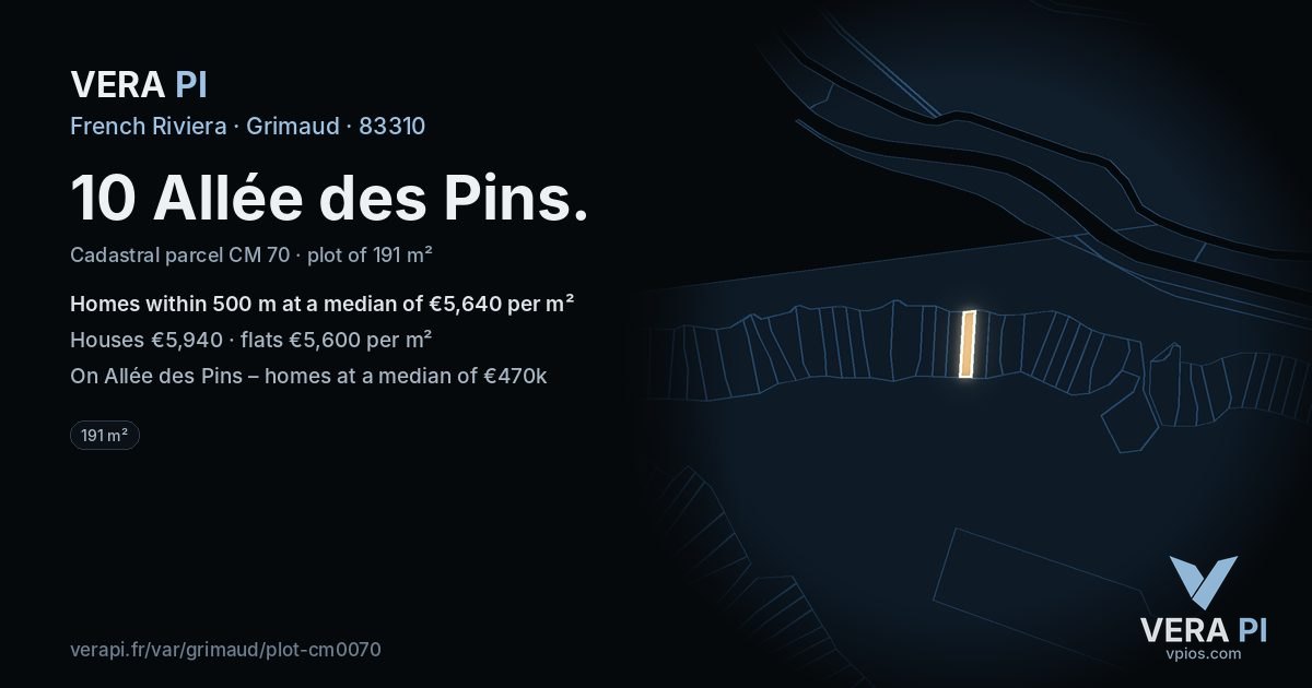 10 Allée des Pins, Grimaud at night – the plot lit, the parcels around coloured by the prices near them