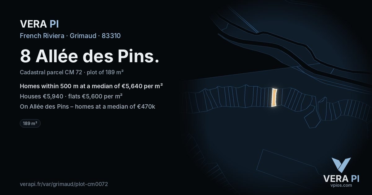8 Allée des Pins, Grimaud at night – the plot lit, the parcels around coloured by the prices near them