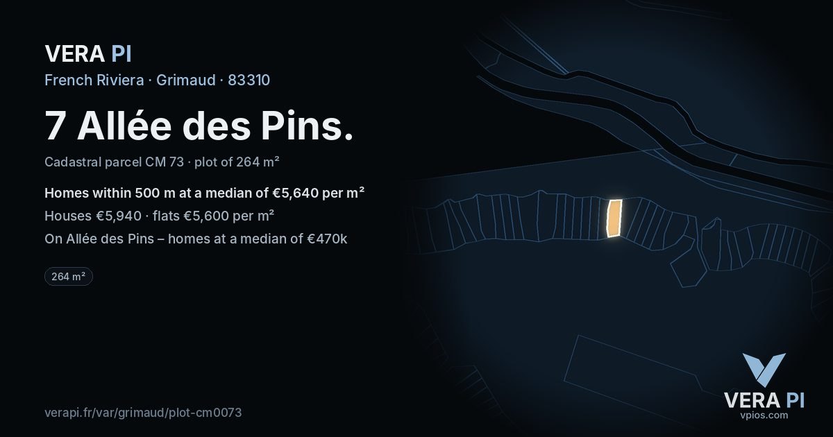 7 Allée des Pins, Grimaud at night – the plot lit, the parcels around coloured by the prices near them