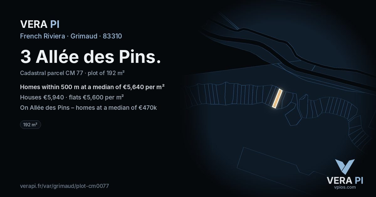 3 Allée des Pins, Grimaud at night – the plot lit, the parcels around coloured by the prices near them