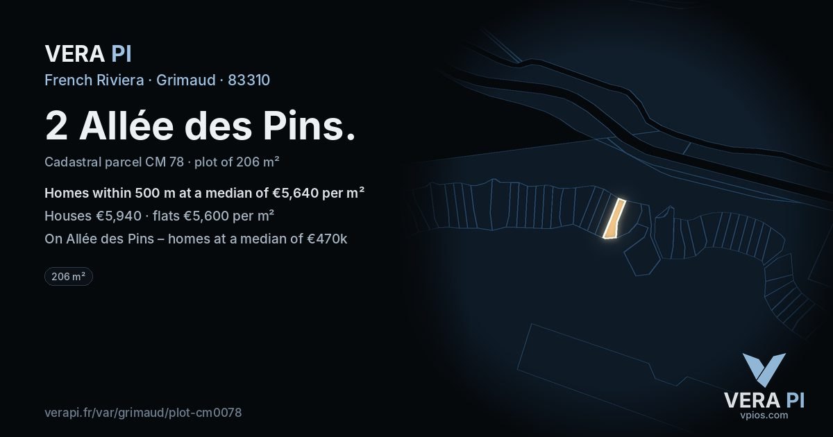 2 Allée des Pins, Grimaud at night – the plot lit, the parcels around coloured by the prices near them