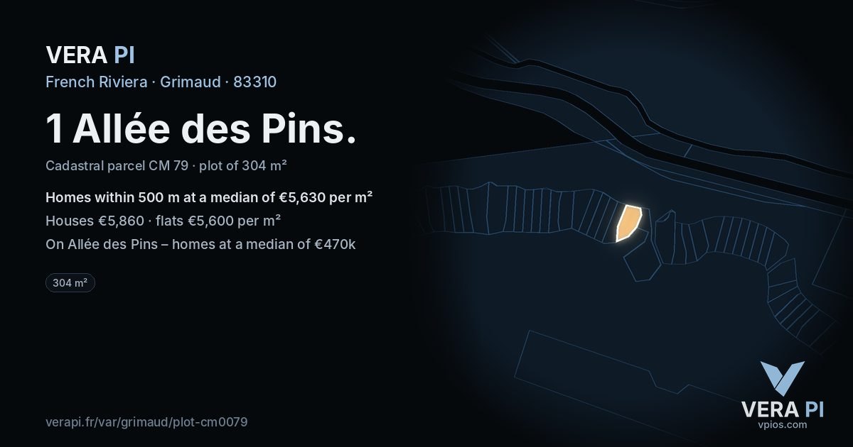 1 Allée des Pins, Grimaud at night – the plot lit, the parcels around coloured by the prices near them
