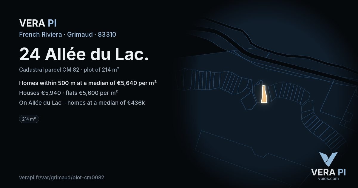 24 Allée du Lac, Grimaud at night – the plot lit, the parcels around coloured by the prices near them