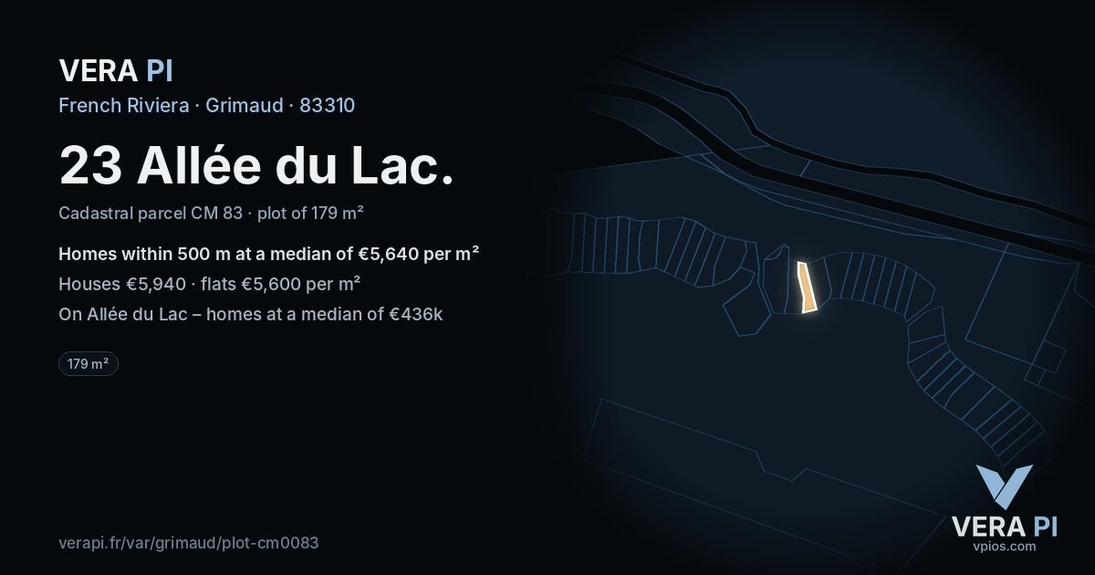 23 Allée du Lac, Grimaud at night – the plot lit, the parcels around coloured by the prices near them