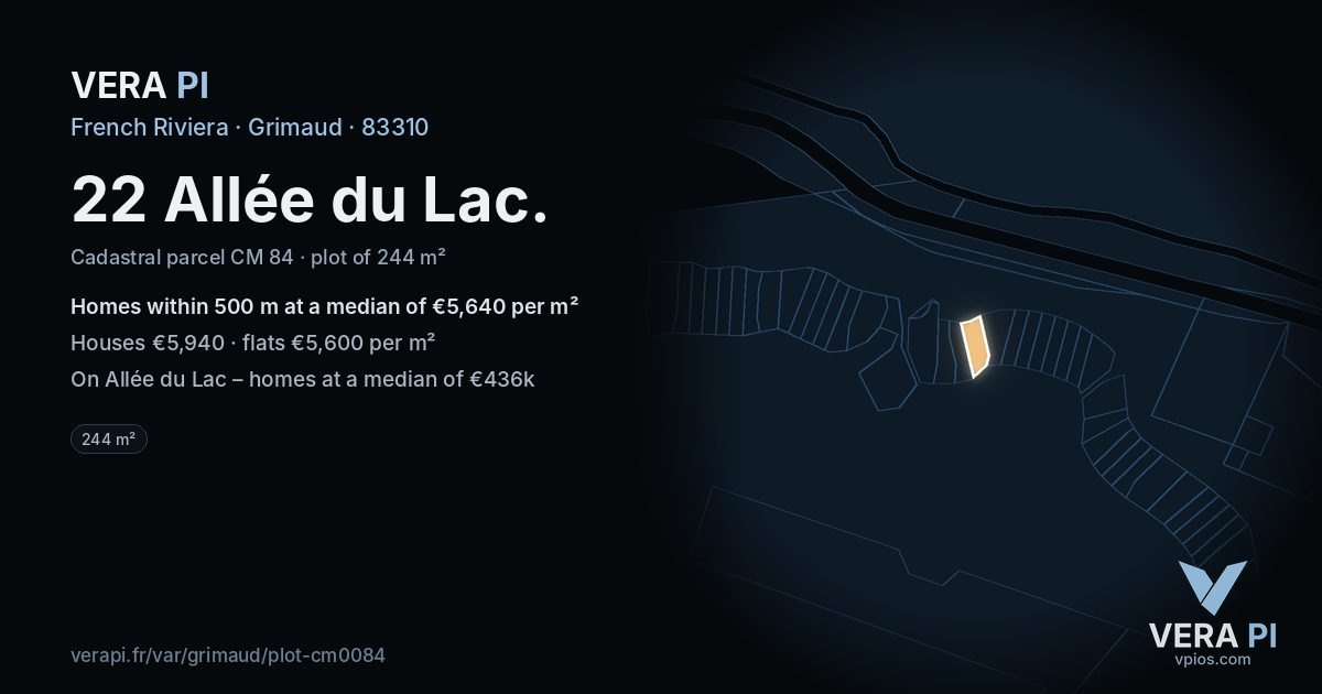 22 Allée du Lac, Grimaud at night – the plot lit, the parcels around coloured by the prices near them