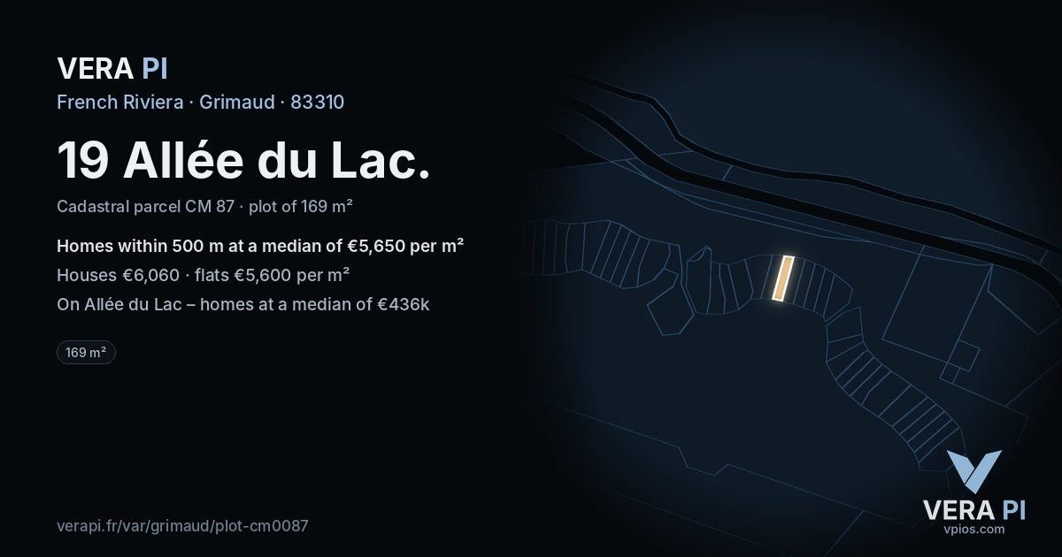 19 Allée du Lac, Grimaud at night – the plot lit, the parcels around coloured by the prices near them