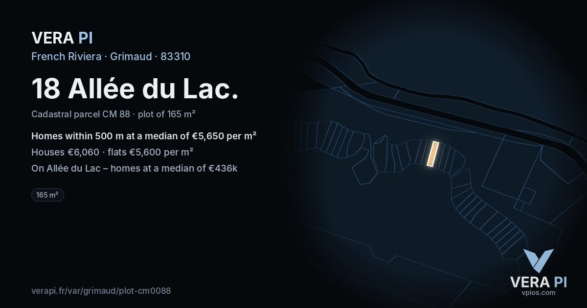 18 Allée du Lac, Grimaud at night – the plot lit, the parcels around coloured by the prices near them