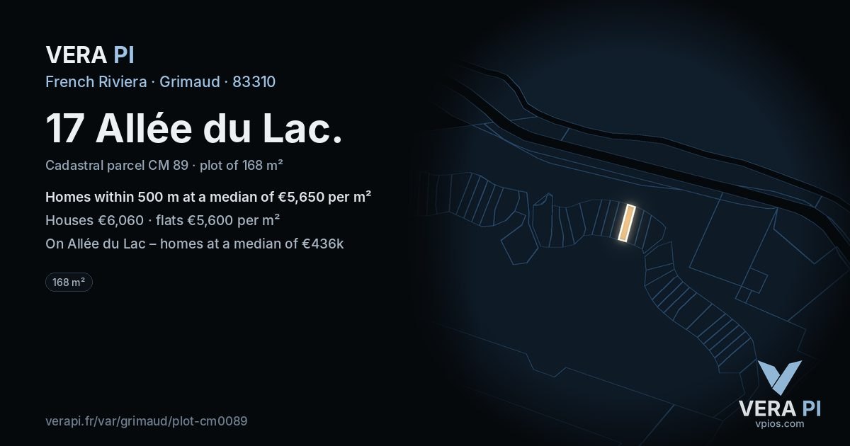 17 Allée du Lac, Grimaud at night – the plot lit, the parcels around coloured by the prices near them