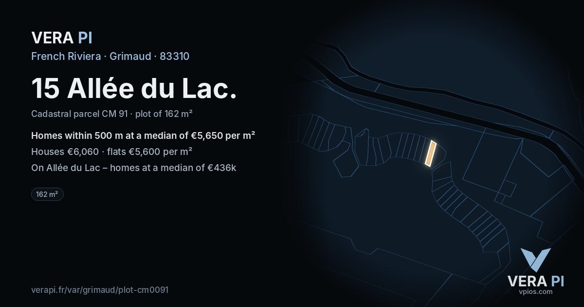 15 Allée du Lac, Grimaud at night – the plot lit, the parcels around coloured by the prices near them