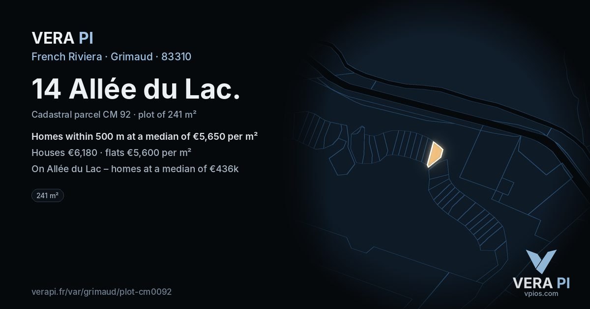 14 Allée du Lac, Grimaud at night – the plot lit, the parcels around coloured by the prices near them