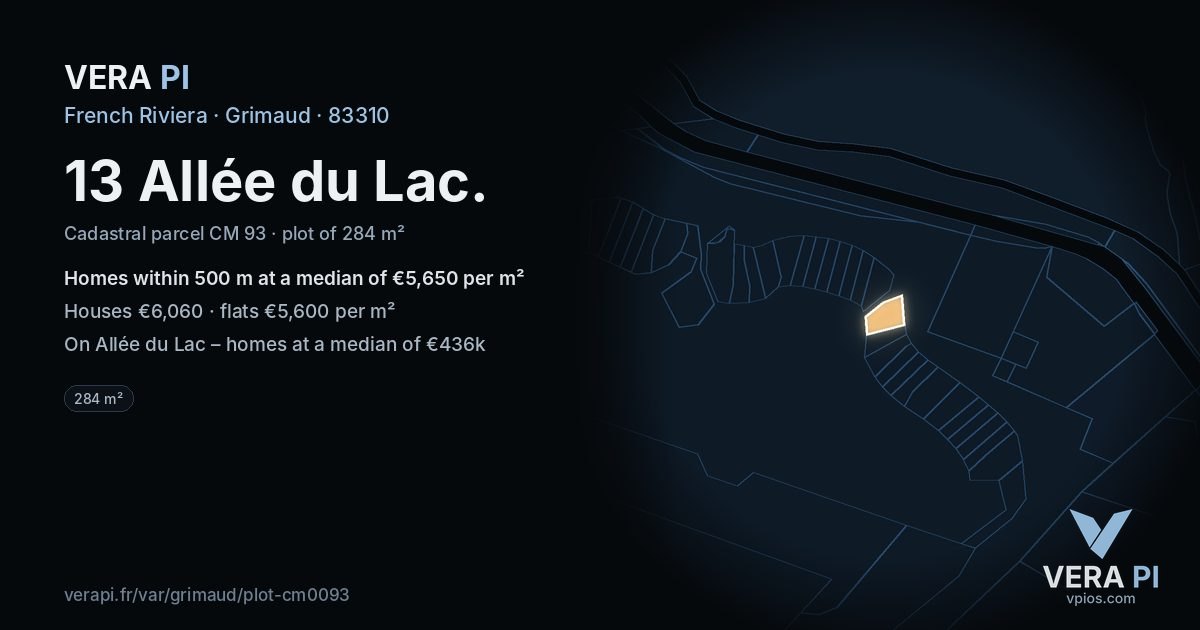 13 Allée du Lac, Grimaud at night – the plot lit, the parcels around coloured by the prices near them