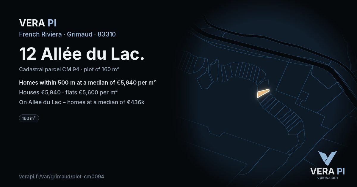 12 Allée du Lac, Grimaud at night – the plot lit, the parcels around coloured by the prices near them