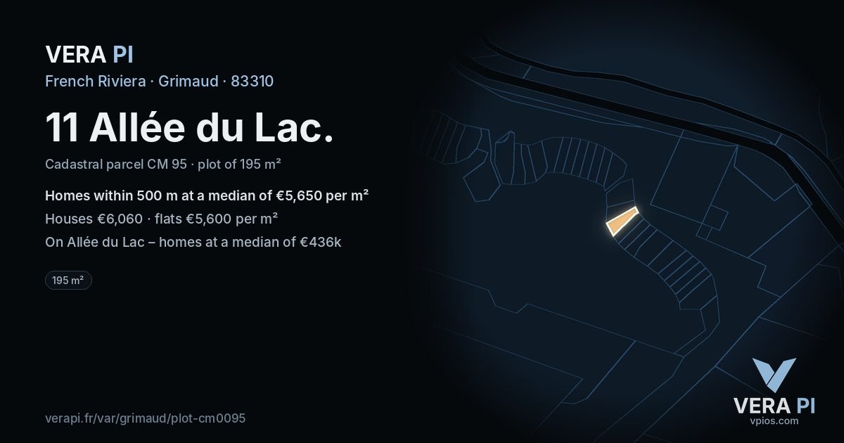 11 Allée du Lac, Grimaud at night – the plot lit, the parcels around coloured by the prices near them