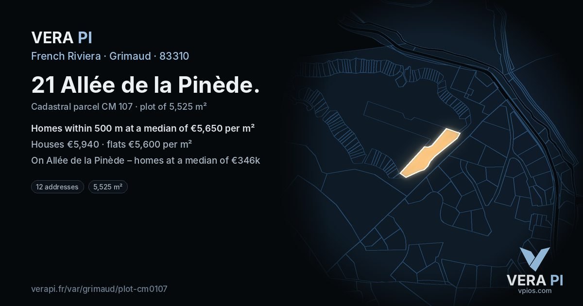 21 Allée de la Pinède, Grimaud at night – the plot lit, the parcels around coloured by the prices near them