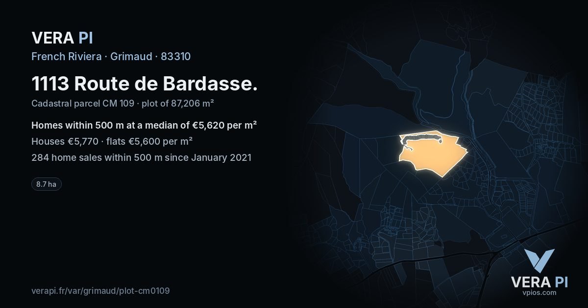 1113 Route de Bardasse, Grimaud at night – the plot lit, the parcels around coloured by the prices near them