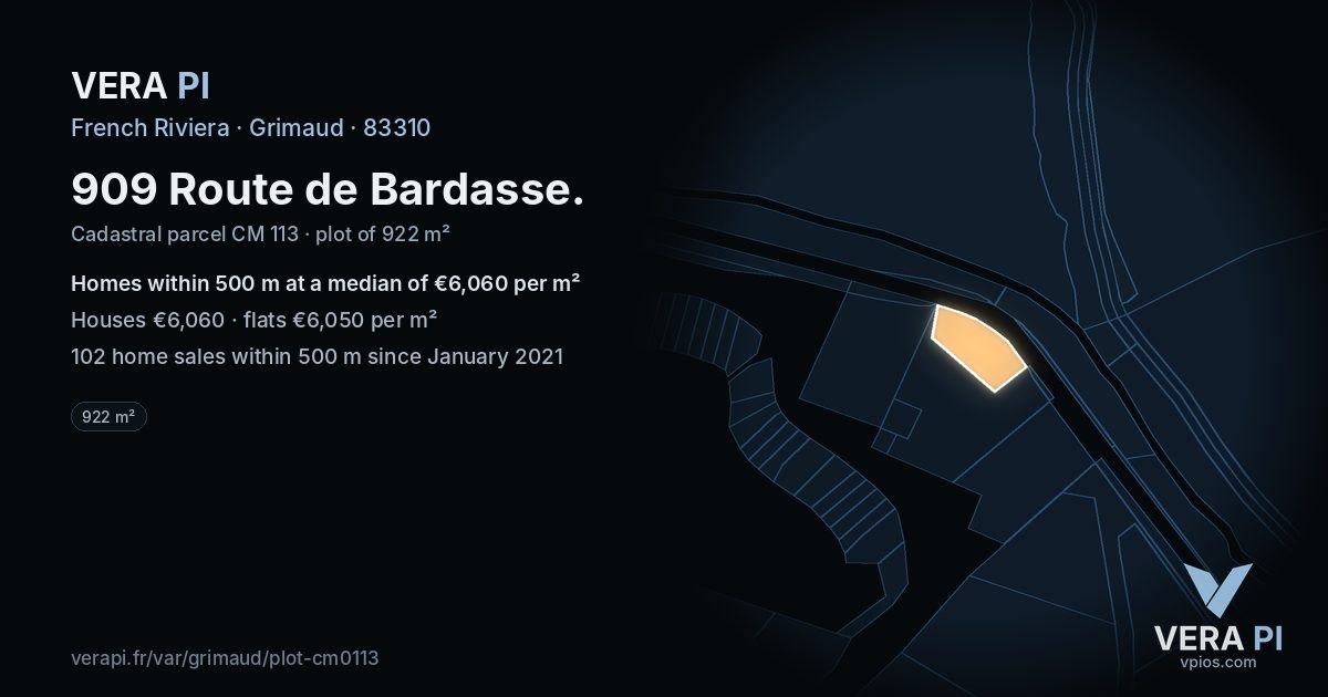 909 Route de Bardasse, Grimaud at night – the plot lit, the parcels around coloured by the prices near them
