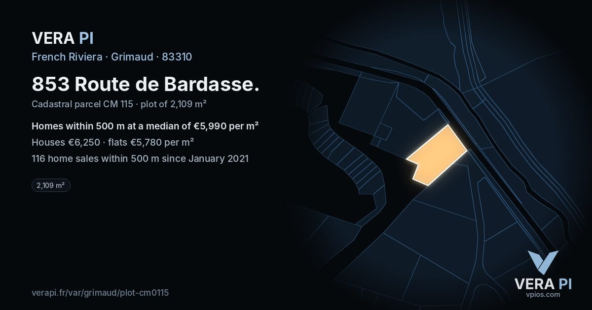 853 Route de Bardasse, Grimaud at night – the plot lit, the parcels around coloured by the prices near them