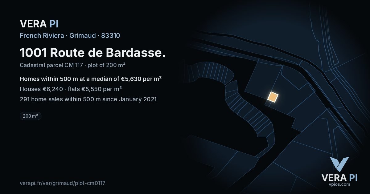1001 Route de Bardasse, Grimaud at night – the plot lit, the parcels around coloured by the prices near them