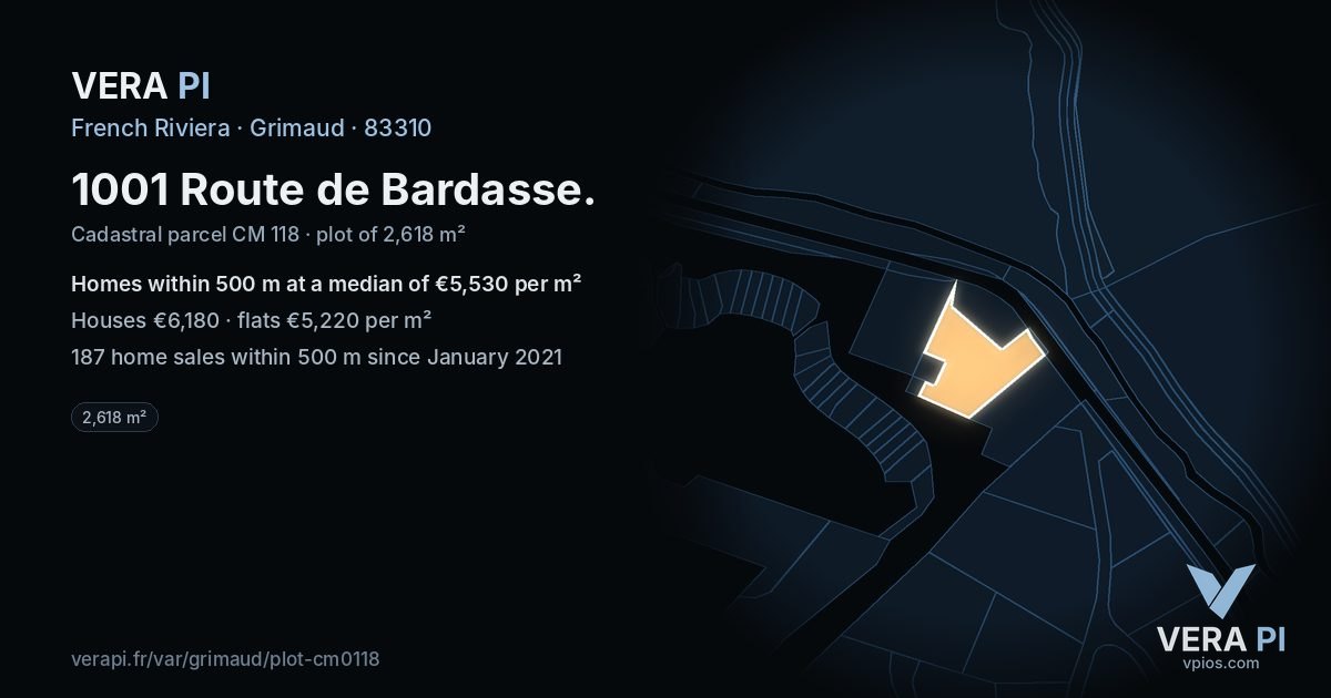 1001 Route de Bardasse, Grimaud at night – the plot lit, the parcels around coloured by the prices near them