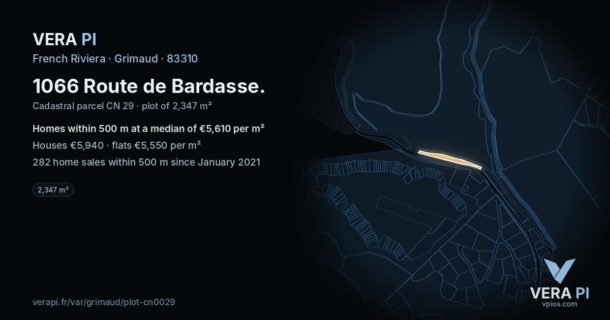 1066 Route de Bardasse, Grimaud at night – the plot lit, the parcels around coloured by the prices near them