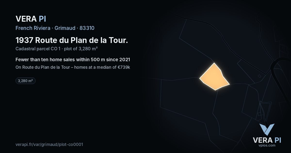 1937 Route du Plan de la Tour, Grimaud at night – the plot lit, the parcels around coloured by the prices near them