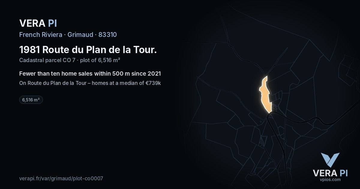 1981 Route du Plan de la Tour, Grimaud at night – the plot lit, the parcels around coloured by the prices near them