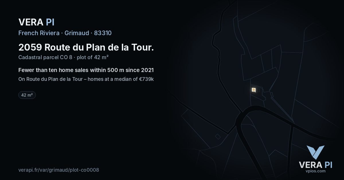 2059 Route du Plan de la Tour, Grimaud at night – the plot lit, the parcels around coloured by the prices near them