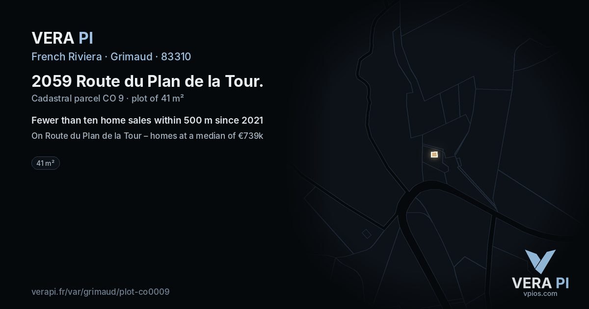 2059 Route du Plan de la Tour, Grimaud at night – the plot lit, the parcels around coloured by the prices near them