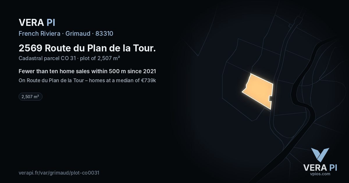 2569 Route du Plan de la Tour, Grimaud at night – the plot lit, the parcels around coloured by the prices near them